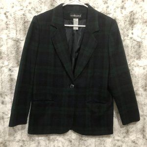 Sag Harbor Women's Green Plaid Wool Blend One Button Lined Blazer Jacket Size 8
